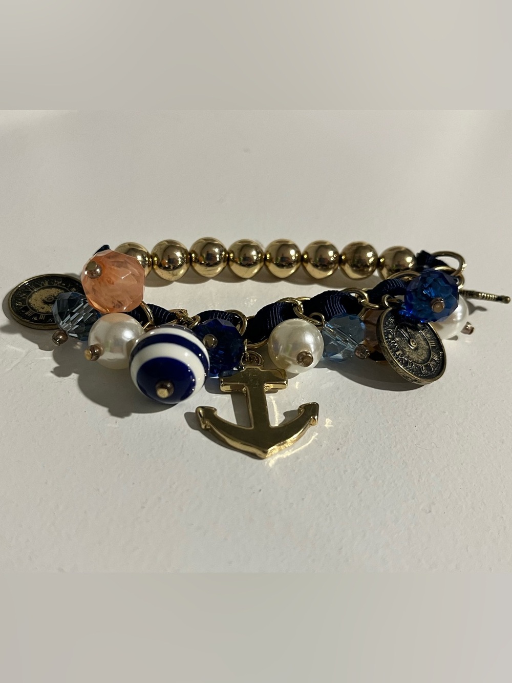 Gold Anchor Charm Bracelet with Blue, White & Pearl Accents